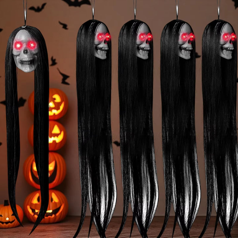 Halloween Hanging Ghost Skull with Long Hair & Glowing Red Eyes – Scary Skull Head Prop for Haunted House, Party, and Outdoor Decor 2024