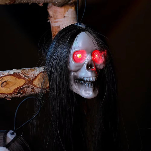 Halloween Hanging Ghost Skull with Long Hair & Glowing Red Eyes – Scary Skull Head Prop for Haunted House, Party, and Outdoor Decor 2024
