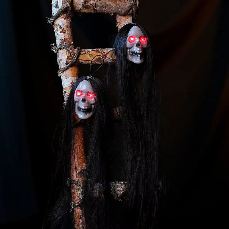 Halloween Hanging Ghost Skull with Long Hair & Glowing Red Eyes – Scary Skull Head Prop for Haunted House, Party, and Outdoor Decor 2024
