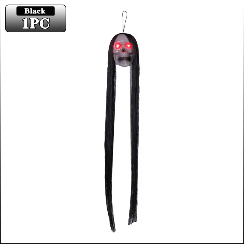 Halloween Hanging Ghost Skull with Long Hair & Glowing Red Eyes – Scary Skull Head Prop for Haunted House, Party, and Outdoor Decor 2024
