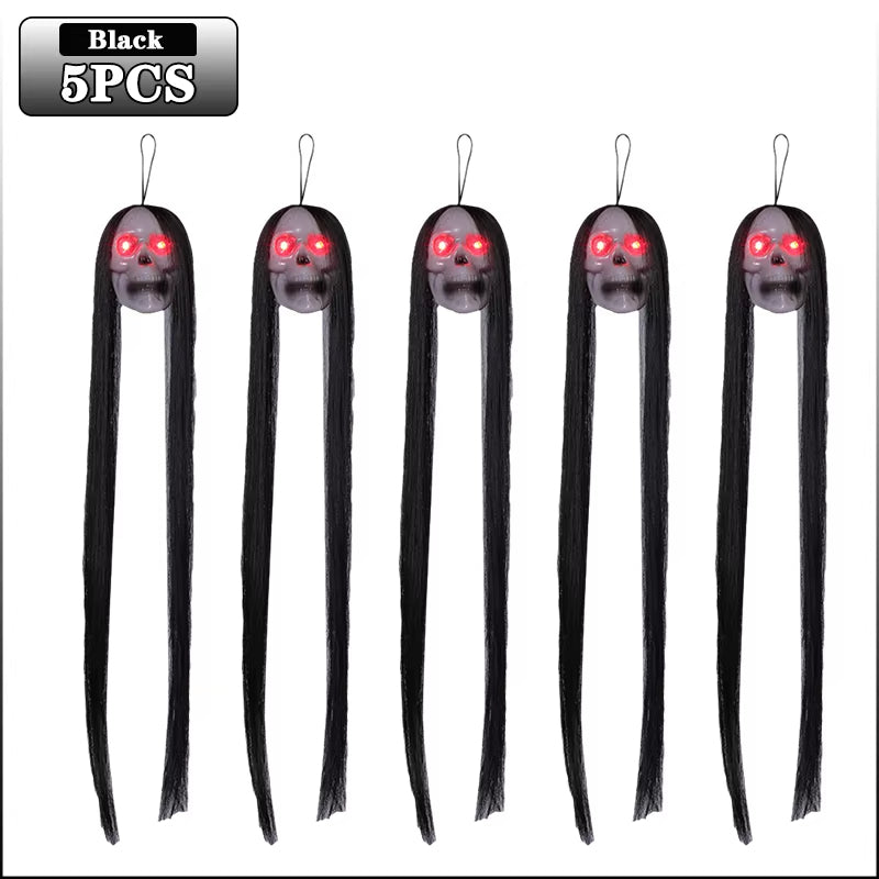 Halloween Hanging Ghost Skull with Long Hair & Glowing Red Eyes – Scary Skull Head Prop for Haunted House, Party, and Outdoor Decor 2024