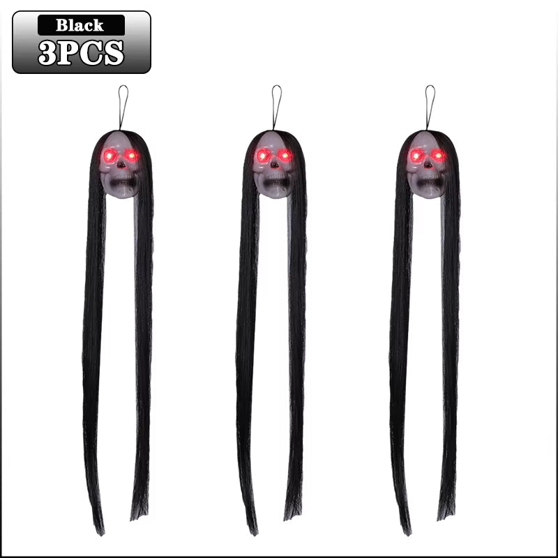 Halloween Hanging Ghost Skull with Long Hair & Glowing Red Eyes – Scary Skull Head Prop for Haunted House, Party, and Outdoor Decor 2024