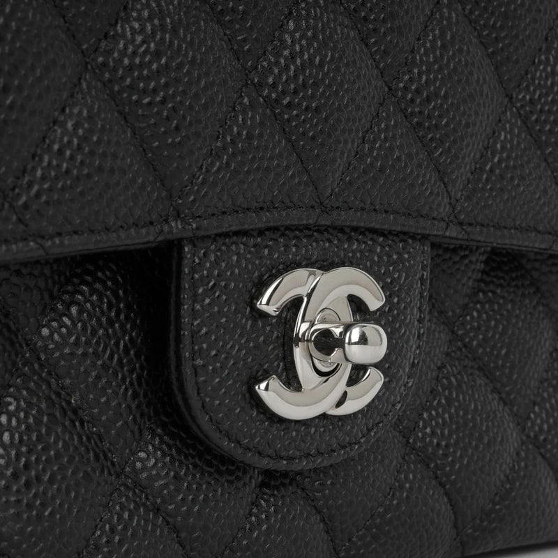 Chanel Classic Medium Double Flap Black Caviar Leather Silver Hardware with Card – Excellent Condition