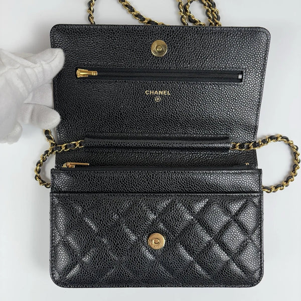 Chanel WOC Black Caviar Leather Wallet on Chain – Gold Hardware, Full Set